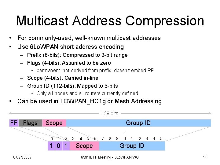 Multicast Address Compression • For commonly-used, well-known multicast addresses • Use 6 Lo. WPAN