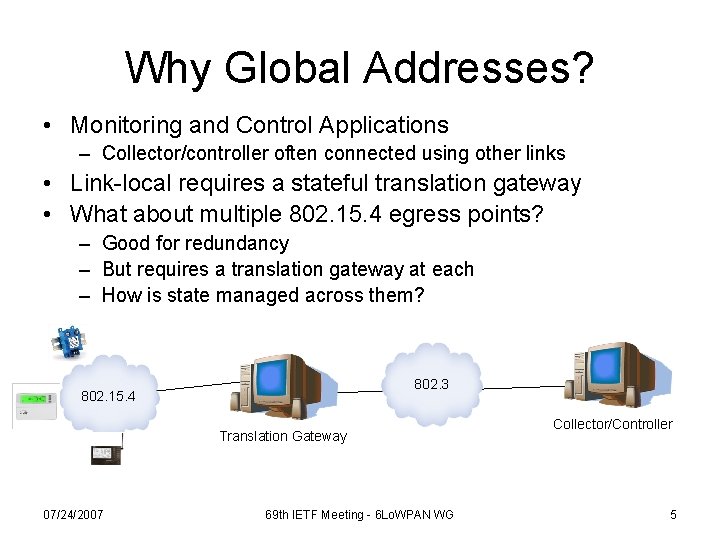 Why Global Addresses? • Monitoring and Control Applications – Collector/controller often connected using other