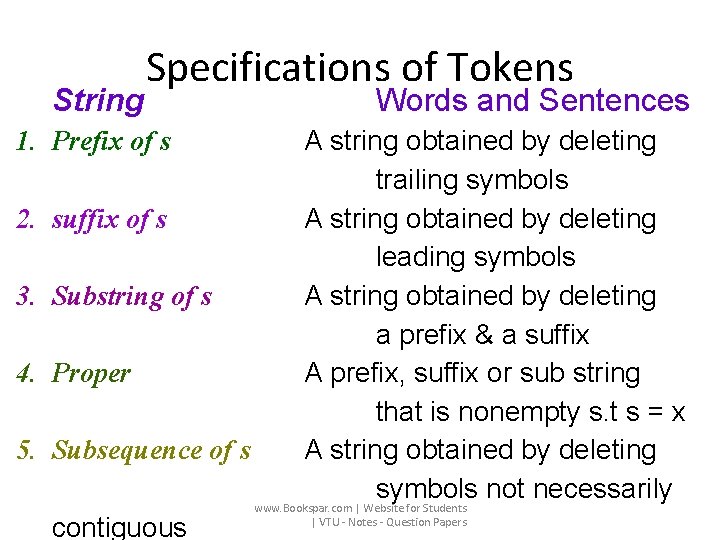String Specifications of Tokens 1. Prefix of s 2. 3. 4. 5. Words and