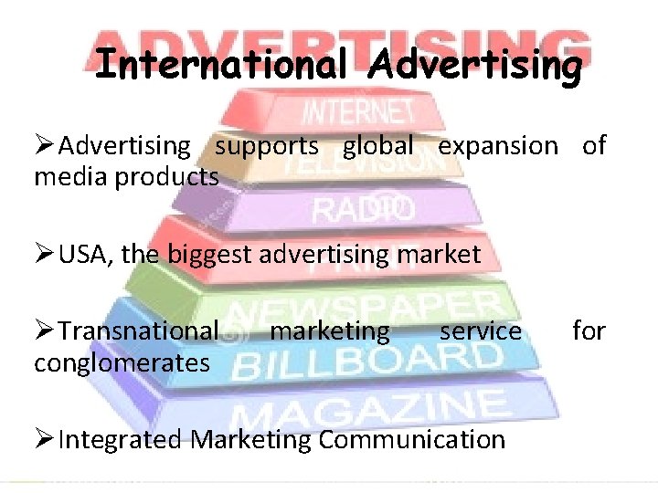 International Advertising ØAdvertising supports global expansion of media products ØUSA, the biggest advertising market