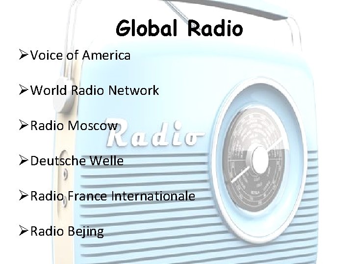 Global Radio ØVoice of America ØWorld Radio Network ØRadio Moscow ØDeutsche Welle ØRadio France