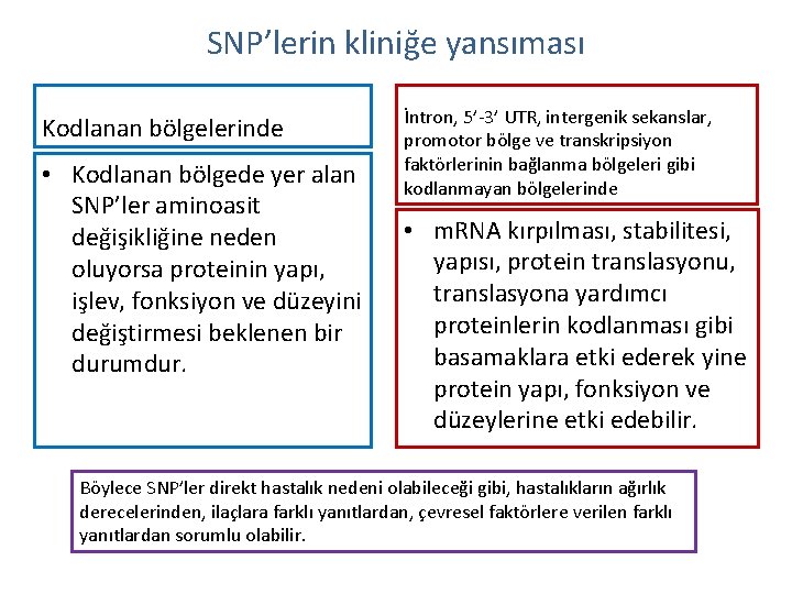 SNP’lerin kliniğe yansıması Kodlanan bölgelerinde • Kodlanan bölgede yer alan SNP’ler aminoasit değişikliğine neden