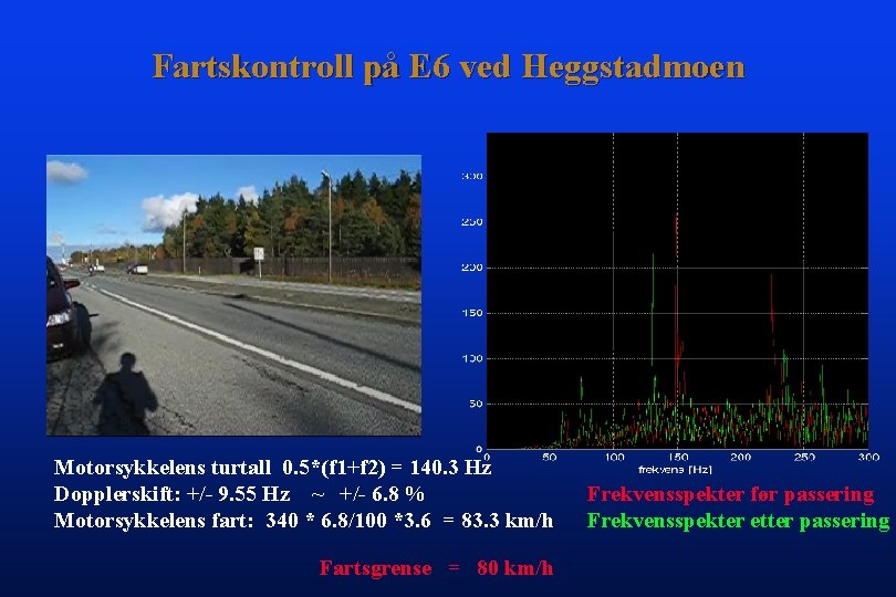 Fartskontroll på E 6 ved Heggstadmoen Motorsykkelens turtall 0. 5*(f 1+f 2) = 140.