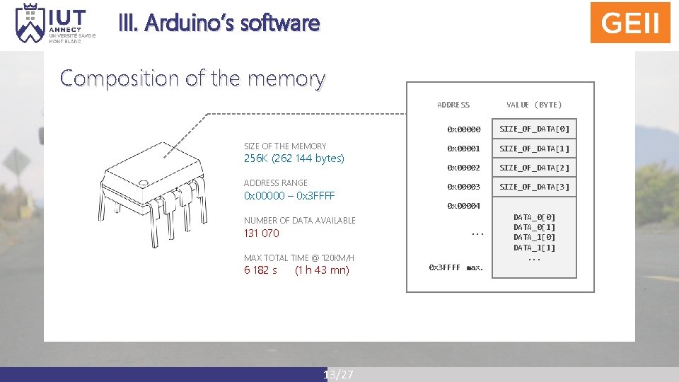 III. Arduino’s software Composition of the memory ADDRESS SIZE OF THE MEMORY 256 K