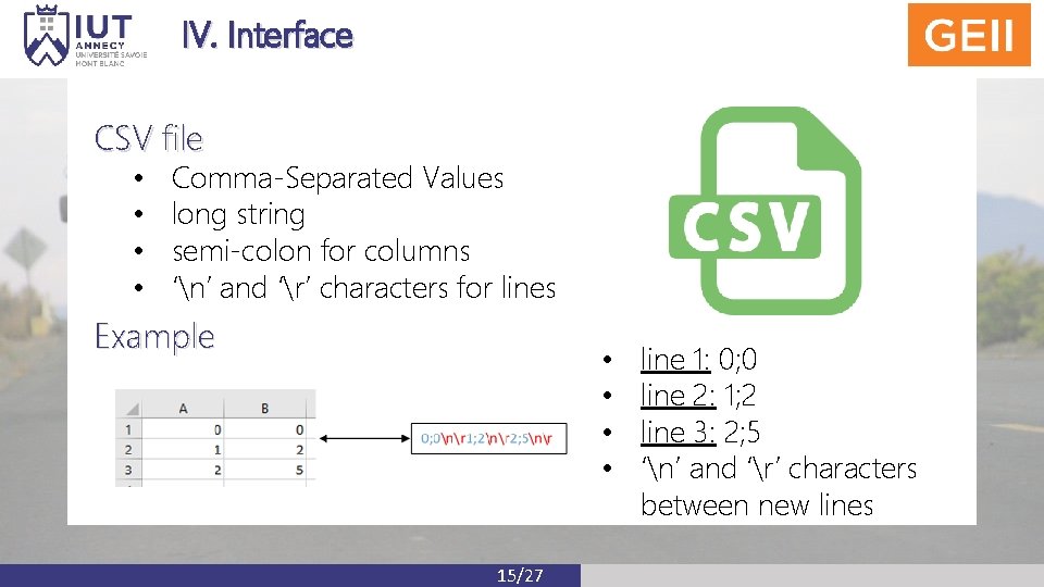 IV. Interface CSV file • • Comma-Separated Values long string semi-colon for columns ‘n’