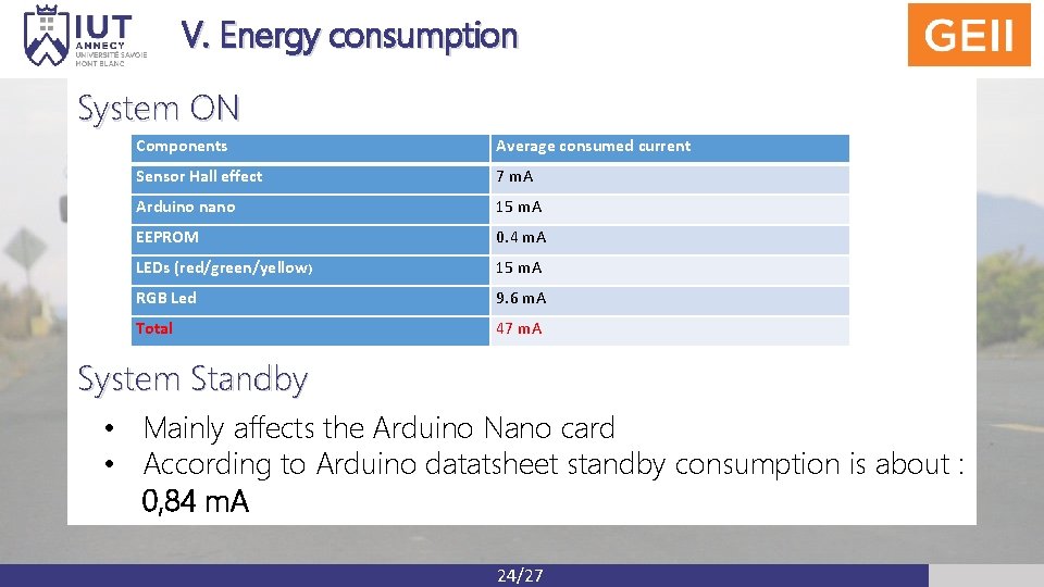 V. Energy consumption System ON Components Average consumed current Sensor Hall effect 7 m.