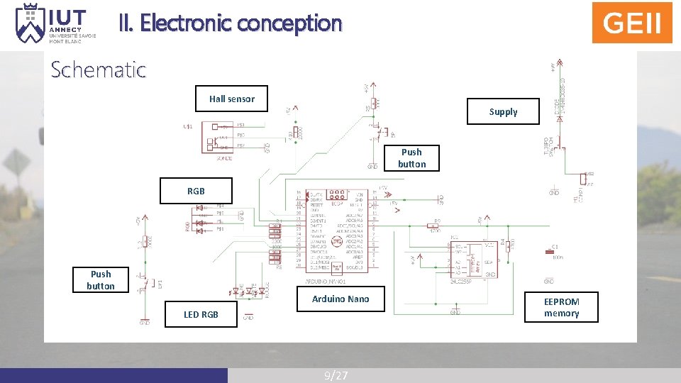 II. Electronic conception Schematic Hall sensor Supply Push button RGB Push button Arduino Nano