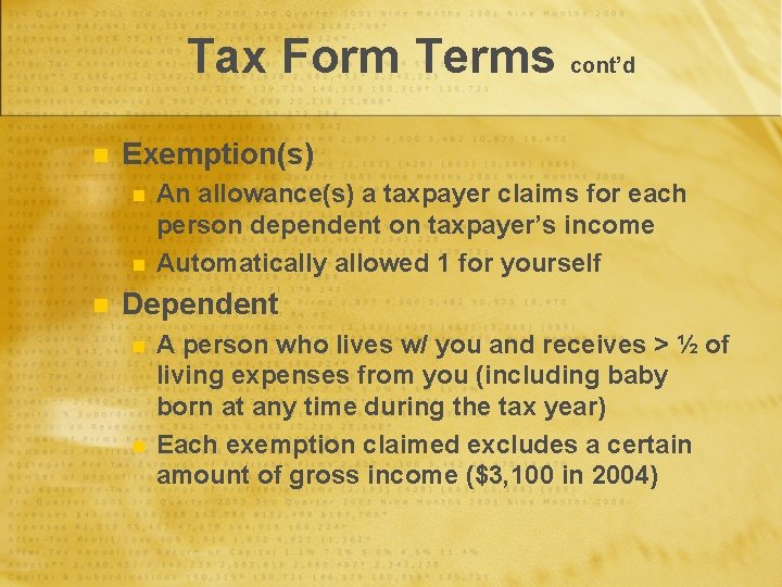 Tax Form Terms cont’d n Exemption(s) n n n An allowance(s) a taxpayer claims