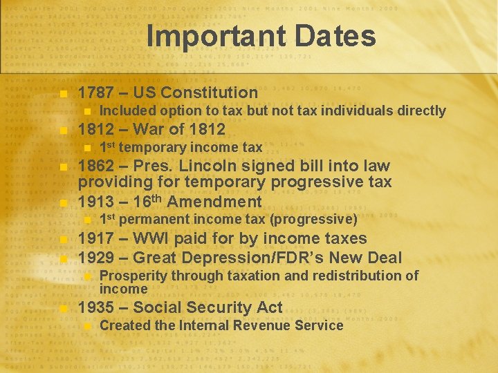 Important Dates n 1787 – US Constitution n n 1812 – War of 1812