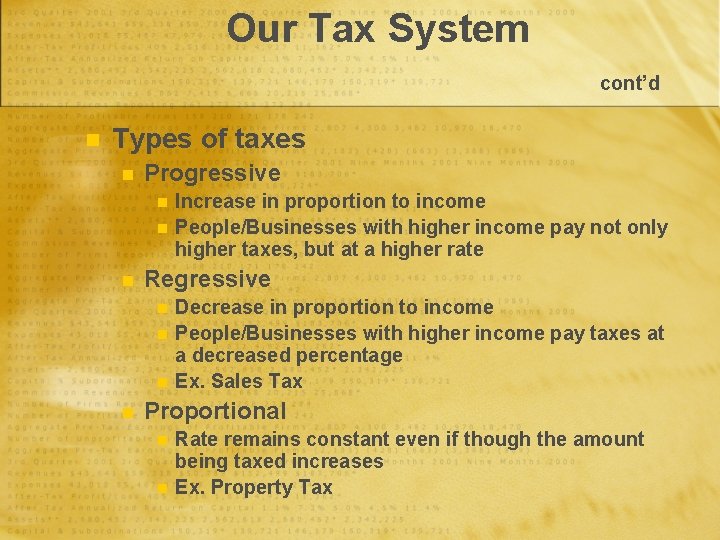 Our Tax System cont’d n Types of taxes n Progressive n n n Regressive
