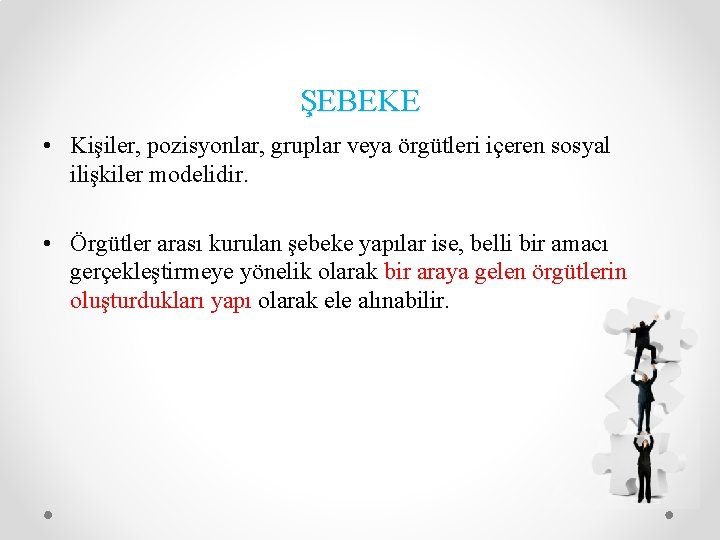 ŞEBEKE • Kişiler, pozisyonlar, gruplar veya örgütleri içeren sosyal ilişkiler modelidir. • Örgütler arası