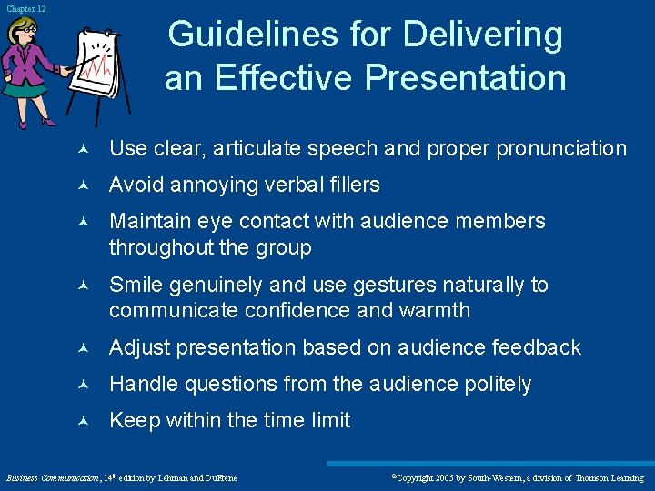 Chapter 12 Guidelines for Delivering an Effective Presentation © Use clear, articulate speech and