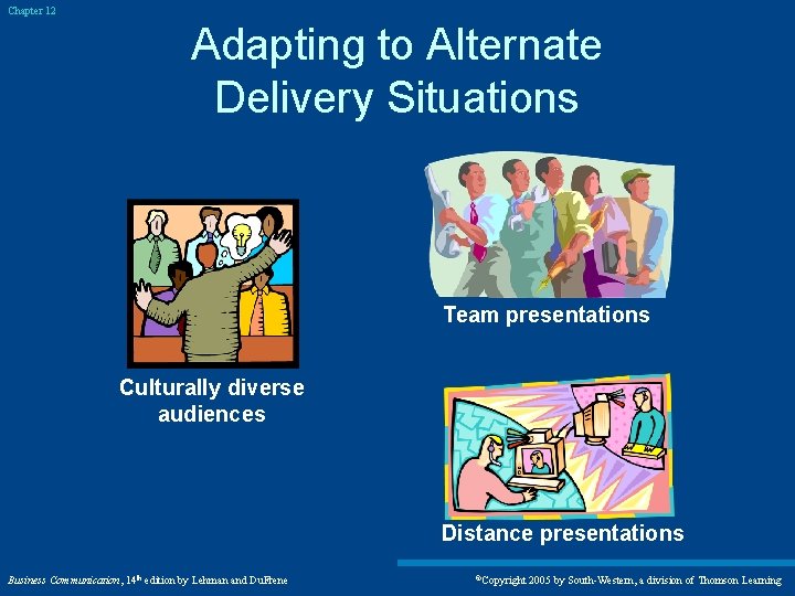 Chapter 12 Adapting to Alternate Delivery Situations Team presentations Culturally diverse audiences Distance presentations