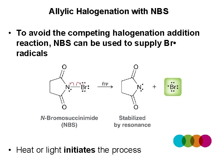 Allylic Halogenation with NBS • To avoid the competing halogenation addition reaction, NBS can