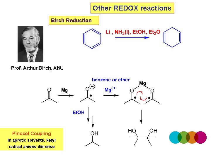 Other REDOX reactions Birch Reduction Prof. Arthur Birch, ANU Pinocol Coupling In aprotic solvents,