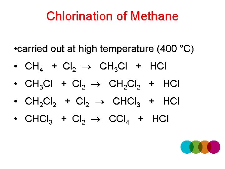 Chlorination of Methane • carried out at high temperature (400 °C) • CH 4