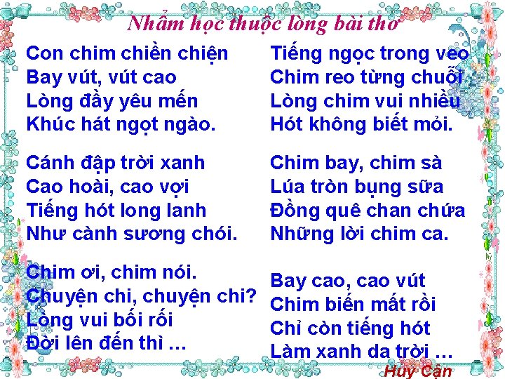 Nhẩm học thuộc lòng bài thơ Con chim chiền chiện Bay vút, vút cao