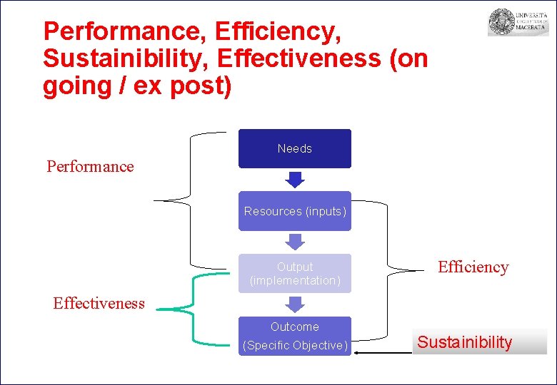 Performance, Efficiency, Sustainibility, Effectiveness (on going / ex post) Needs Performance ce Resources (inputs)
