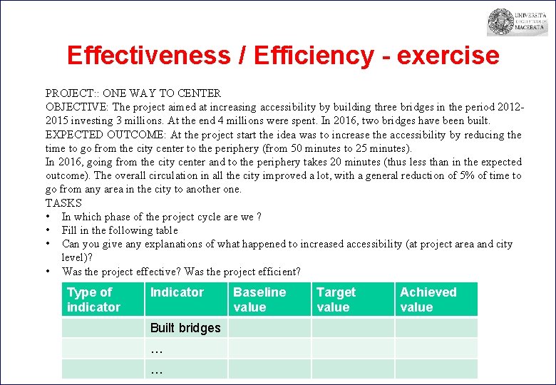 Effectiveness / Efficiency - exercise PROJECT: : ONE WAY TO CENTER OBJECTIVE: The project