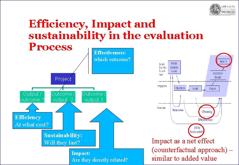 Efficiency, Impact and sustainability in the evaluation Process Effectiveness: which outcome? Project Output /