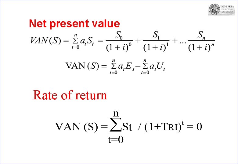 Net present value Rate of return 
