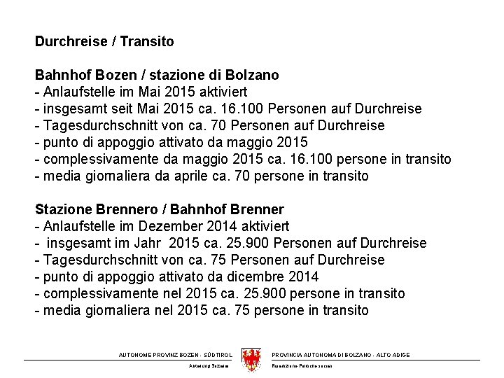 Durchreise / Transito Bahnhof Bozen / stazione di Bolzano - Anlaufstelle im Mai 2015