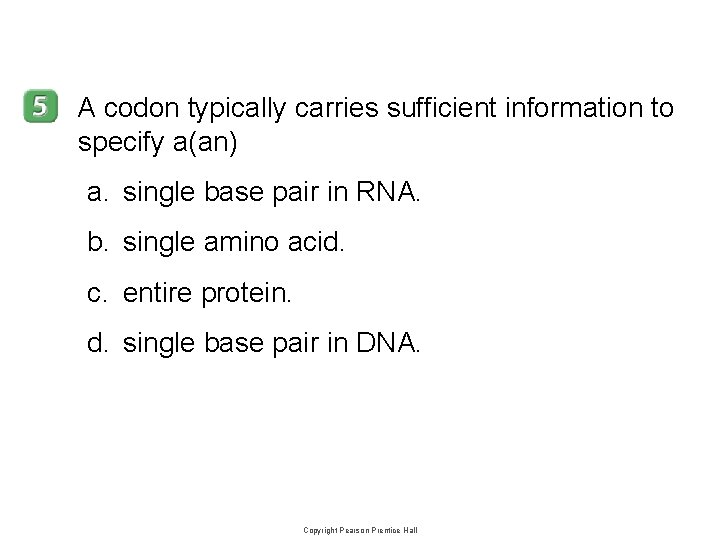 12– 3 A codon typically carries sufficient information to specify a(an) a. single base