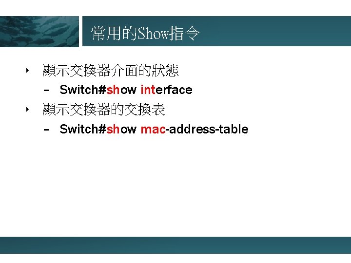 常用的Show指令 ‣ 顯示交換器介面的狀態 – Switch#show interface ‣ 顯示交換器的交換表 – Switch#show mac-address-table 