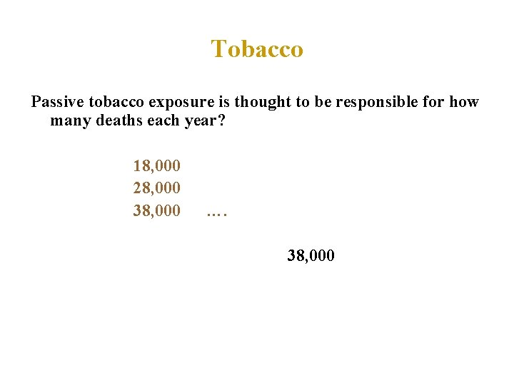 Tobacco Passive tobacco exposure is thought to be responsible for how many deaths each