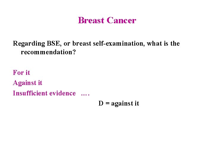 Breast Cancer Regarding BSE, or breast self-examination, what is the recommendation? For it Against