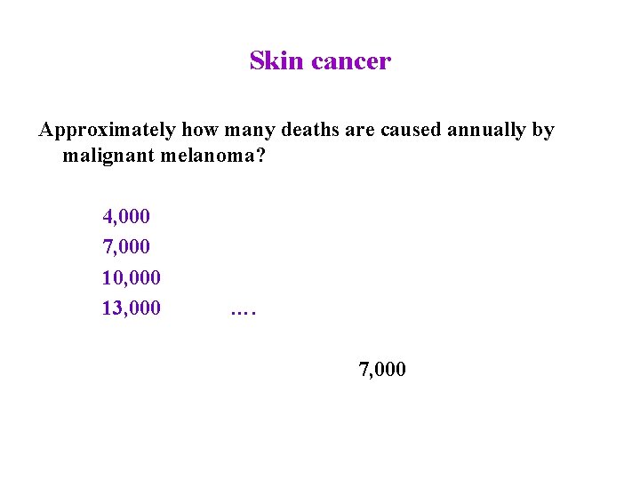 Skin cancer Approximately how many deaths are caused annually by malignant melanoma? 4, 000