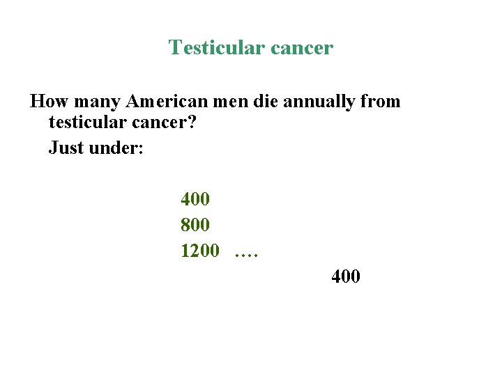 Testicular cancer How many American men die annually from testicular cancer? Just under: 400