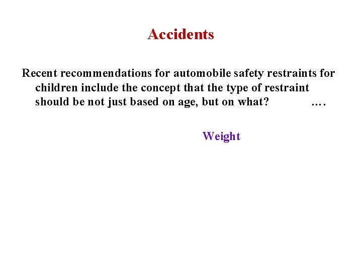 Accidents Recent recommendations for automobile safety restraints for children include the concept that the
