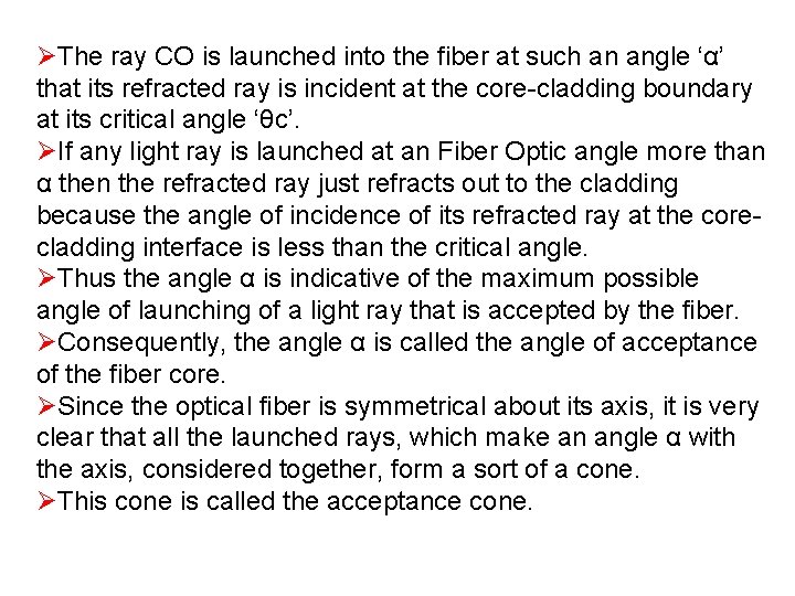 ØThe ray CO is launched into the fiber at such an angle ‘α’ that
