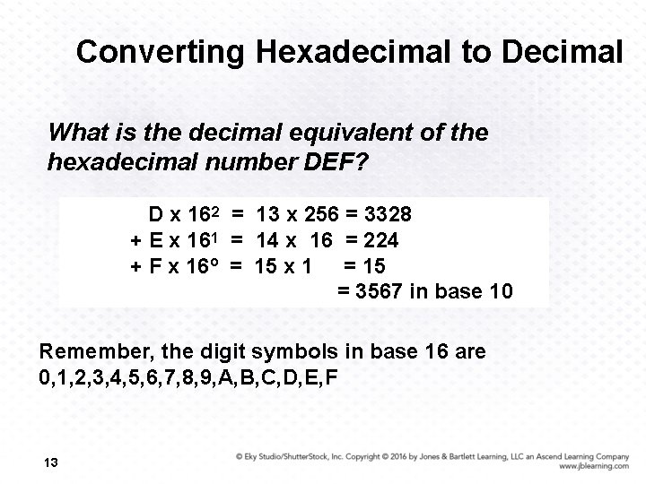 Converting Hexadecimal to Decimal What is the decimal equivalent of the hexadecimal number DEF?