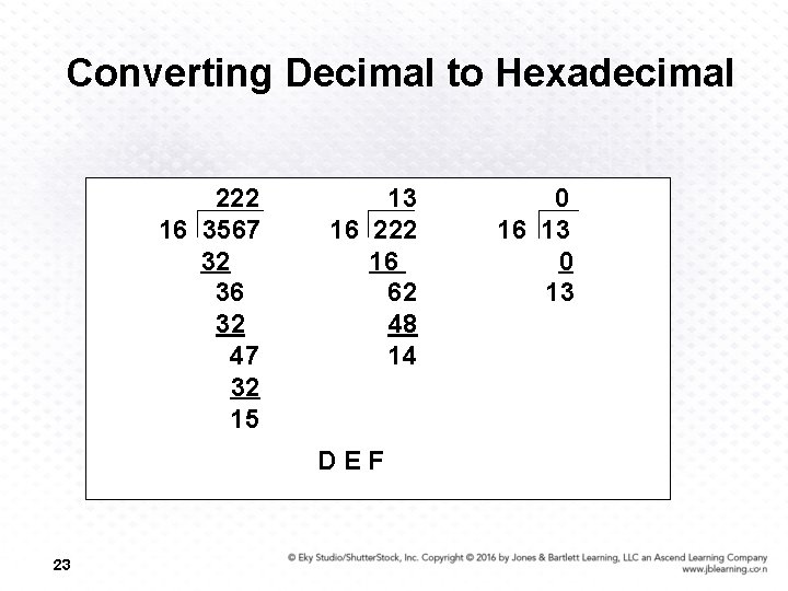 Converting Decimal to Hexadecimal 222 16 3567 32 36 32 47 32 15 13