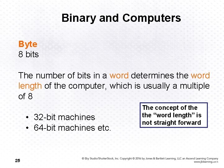 Binary and Computers Byte 8 bits The number of bits in a word determines