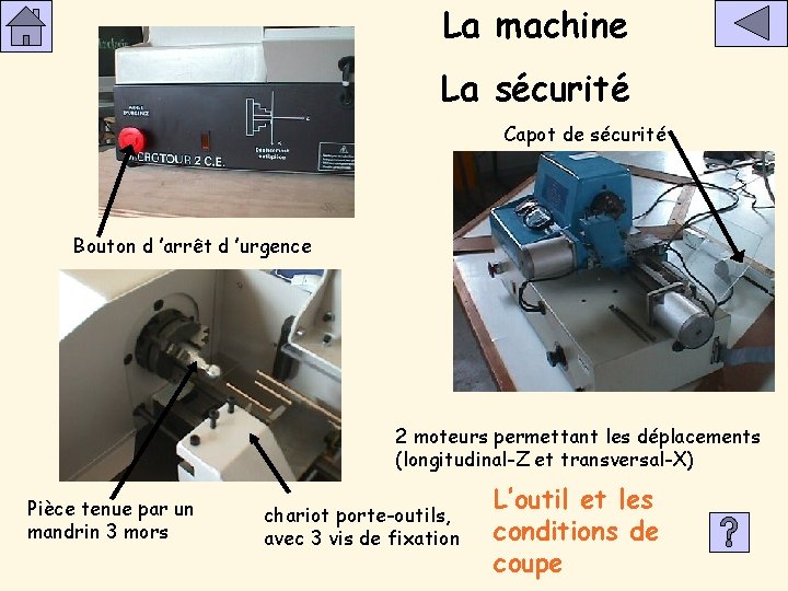 La machine La sécurité Capot de sécurité Bouton d ’arrêt d ’urgence 2 moteurs