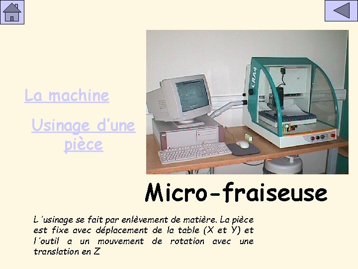 La machine Usinage d’une pièce Micro-fraiseuse L ’usinage se fait par enlèvement de matière.