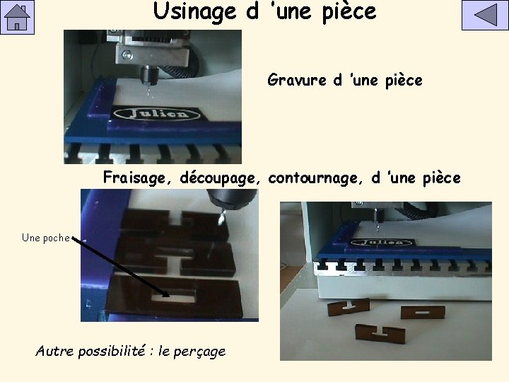 Usinage d ’une pièce Gravure d ’une pièce Fraisage, découpage, contournage, d ’une pièce