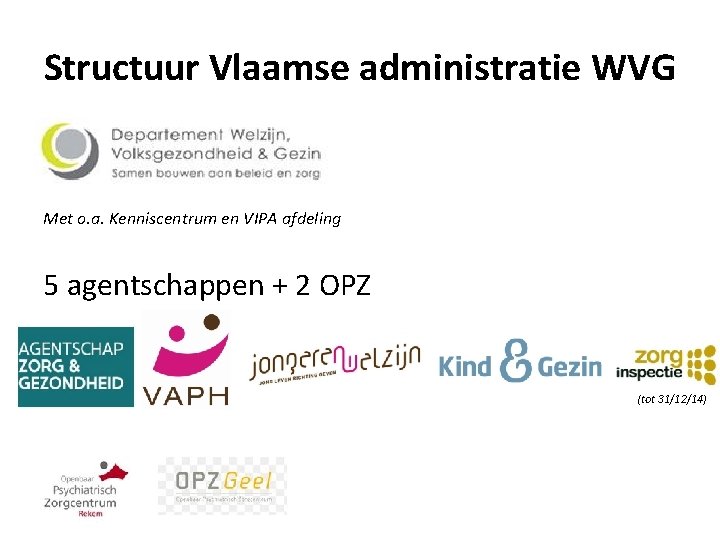Structuur Vlaamse administratie WVG Met o. a. Kenniscentrum en VIPA afdeling 5 agentschappen +