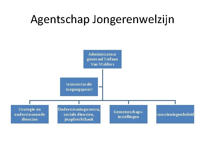 Agentschap Jongerenwelzijn Administrateur generaal Stefaan Van Mulders Intersectorale toegangspoort Strategie en ondersteunende diensten Ondersteuningscentra,