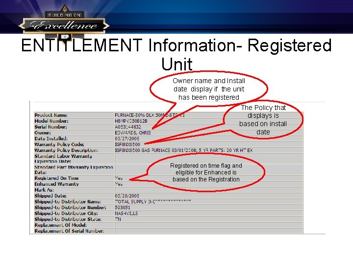 ENTITLEMENT Information- Registered Unit Owner name and Install date display if the unit has