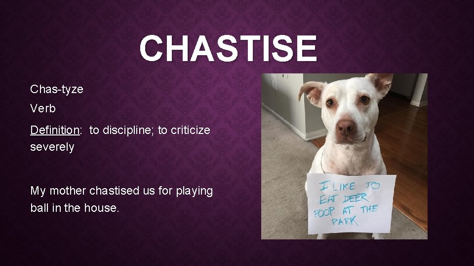 CHASTISE Chas-tyze Verb Definition: to discipline; to criticize severely My mother chastised us for CHASTISE Chas-tyze Verb Definition: to discipline; to criticize severely My mother chastised us for