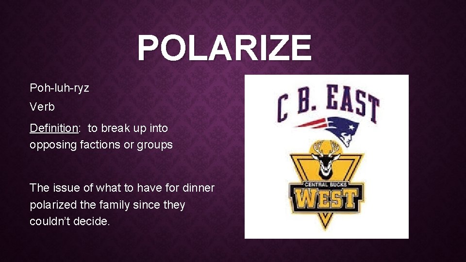 POLARIZE Poh-luh-ryz Verb Definition: to break up into opposing factions or groups The issue POLARIZE Poh-luh-ryz Verb Definition: to break up into opposing factions or groups The issue