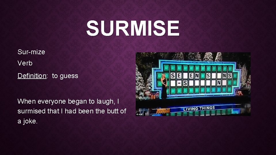 SURMISE Sur-mize Verb Definition: to guess When everyone began to laugh, I surmised that SURMISE Sur-mize Verb Definition: to guess When everyone began to laugh, I surmised that