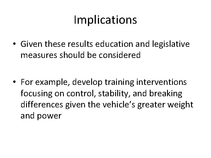 Implications • Given these results education and legislative measures should be considered • For