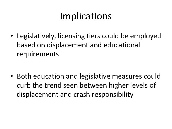 Implications • Legislatively, licensing tiers could be employed based on displacement and educational requirements