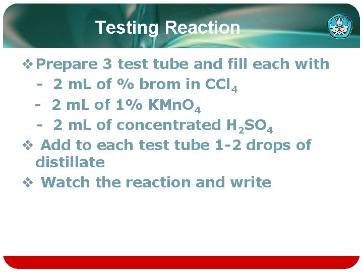 Testing Reaction v Prepare 3 test tube and fill each with - 2 m.