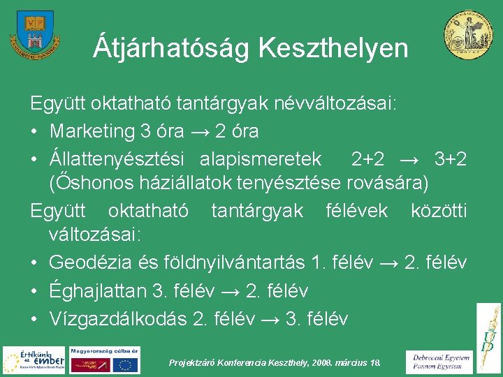 Átjárhatóság Keszthelyen Együtt oktatható tantárgyak névváltozásai: • Marketing 3 óra → 2 óra •